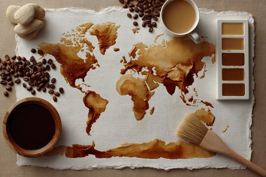 Coffee art world map with coffee bean and color palette