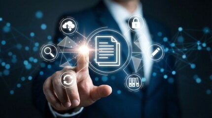 Naklejka premium Businessman interacting with digital document management interface featuring icons for cloud storage security and file editing in a professional business setting