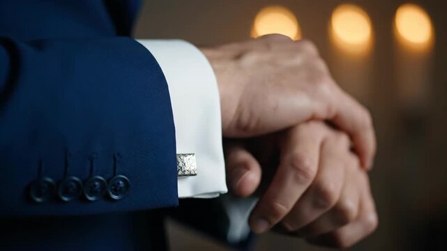 Elegant man in suit jacket adjusting metallic cufflinks on white shirt
