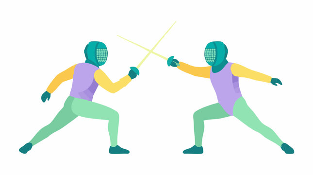 Dynamic illustration of two fencers in protective gear dueling with foils