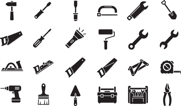 Cad drawing flat vector illustration icons set featuring hammer screwdriver saw wrench pliers drill toolbox and construction equipment for home repair renovation maintenance.