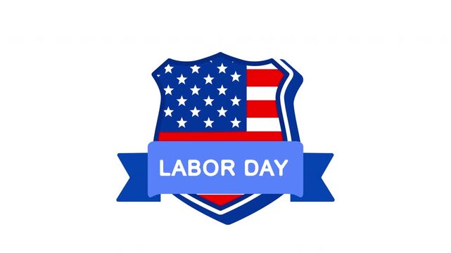 Labor Day shield emblem with American flag design and blue ribbon banner, isolated on transparent background. Ideal for May Day, International Workers&rsquo; Day.
