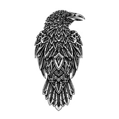 Obraz premium Intricate Black and White Raven Illustration Detailed Feathers.