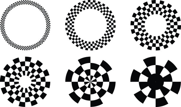 Abstract circular geometric patterns set with radial checkered and segmented shapes inspired by mandala style creating optical illusion effects isolated on white background