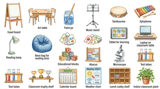 Art classroom supplies vector icon set with easel, desk, paint, brushes, apron, palette, crayons, books, paper, shelves and creative learning items