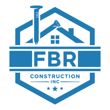 Blue construction company logo with house and tools graphic design element icon