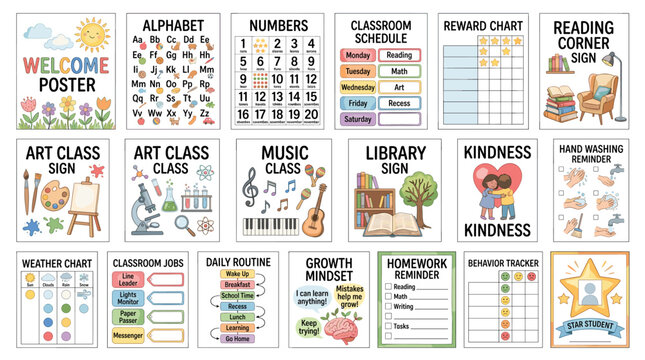 Colorful classroom poster vector set with welcome sign, alphabet chart, number chart, library rules, kindness notes and school learning templates