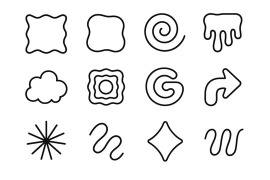70s Groovy Icon Set. 70s groovy shapes. Line outline icon set of 70s groovy shapes: wavy rectangle, rounded