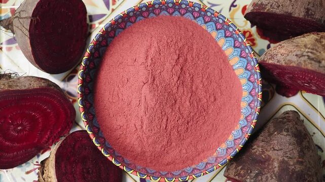 Beetroot powder preparation in a kitchen