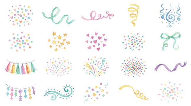 Pastel confetti vector set with colorful dots, streamers, ribbons, hearts, tassel garlands, sparkles and festive celebration design elements