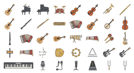 Collection of various musical instruments in a flat illustration style. © inayatul