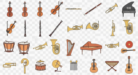 A comprehensive collection of diverse orchestral and musical instruments in flat design. © inayatul