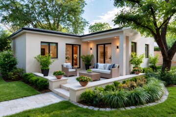 Fototapeta premium Modern guest house building with outdoor patio living area