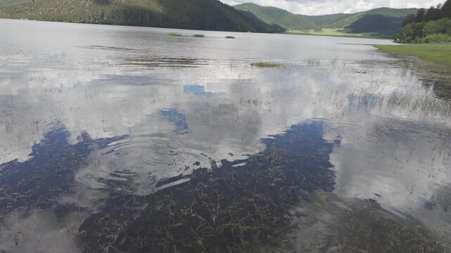 Bita Lake rippling water mirroring clouds, Potatso National Park, Yunnan, China