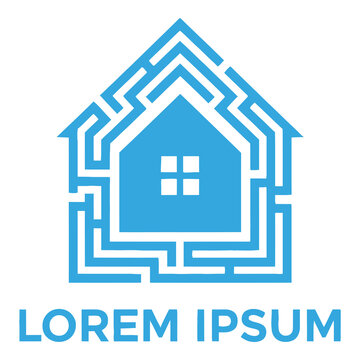 Blue house maze logo with lorem ipsum text icon