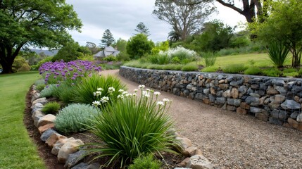 Obraz premium Gabion wall and gravel path in peaceful garden landscaping