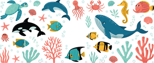 Hand drawn sea animals set, wild marine life illustration featuring seashells, fish, seaweed, and corals, including whale, octopus, crab, seahorse, dolphin, killer whale, turtle, squid, and cachalot,  © JamesDesign