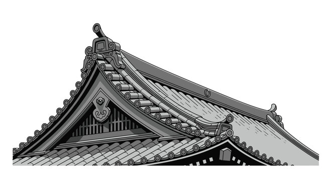 Detailed view of traditional grey tiled rooftop of a Japanese temple or castle with ornamental ridges and architectural details.