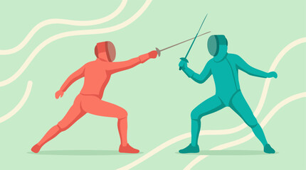 Fototapeta premium Two fencers in red and teal suits engaged in an intense fencing duel illustration