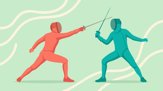 Two fencers in red and teal suits engaged in an intense fencing duel illustration