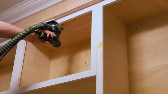 Worker sanding wooden cabinet surface with an electric orbital sander during renovation process. Interior carpentry process preparing furniture for finishing. Close up shoot
