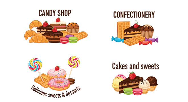 Four square compositions of various sweets and desserts labeled candy shop, confectionery, and cakes with colorful icons.