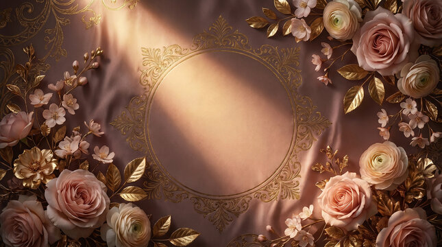 Elegant Floral Frame with Pink Roses, Gold Leaves on Dusty Rose Fabric
