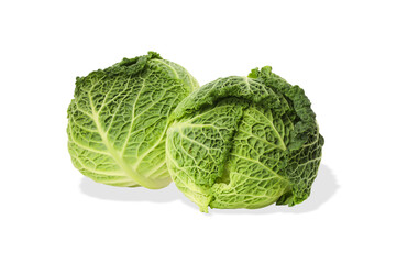 Fototapeta premium Two heads of cabbage on display with fresh leaves, isolated, PNG