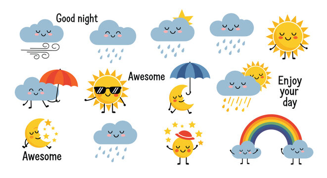 Set of cute weather icons with happy faces featuring sun, clouds, rain, rainbow, moon, and stars for daily forecasts.