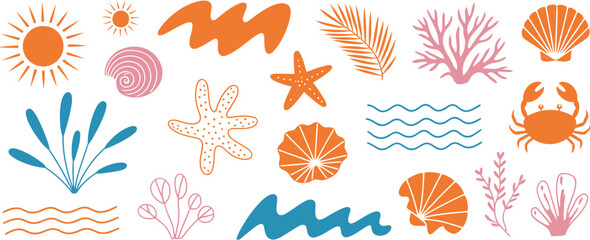 Hand drawn summer vintage sticker set, boho palm tree, sun and sea, seashells, coral, and crab in naive groovy style, tropical surf club concept representing vacation and travel © Dalim 4