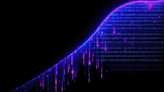 Digital rain, binary code streams down black background. Futuristic, vibrant, technology concept. Data visualization, glowing effect.