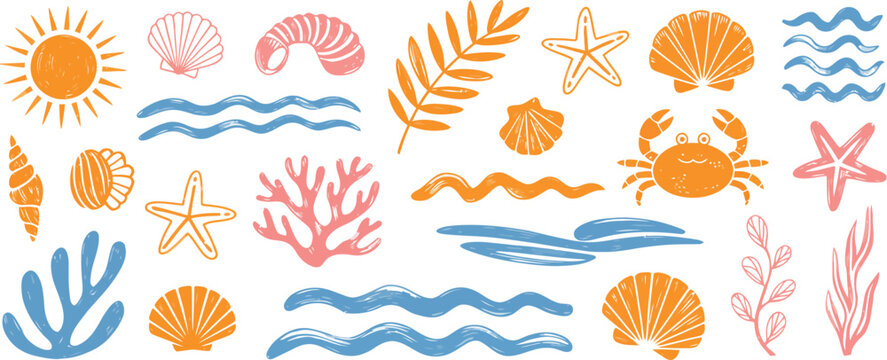 Hand drawn summer vintage sticker set, boho palm tree, sun and sea, seashells, coral, and crab in naive groovy style, tropical surf club concept representing vacation and travel