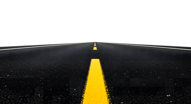 A long, dark asphalt road stretches endlessly into the distance with prominent yellow dashed markings and a white solid line.