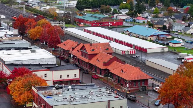 Aerial View of Red-Roofed Train Station with Autumn Foliage Centralia, Washington
