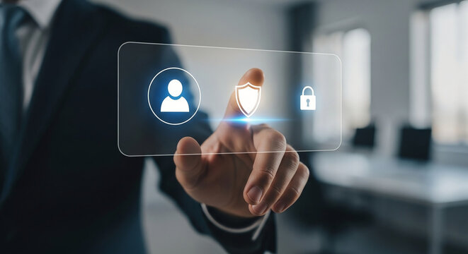 Businessman touching a virtual interface displaying user profile icon with shield and lock icons, symbolizing digital security and data protection
