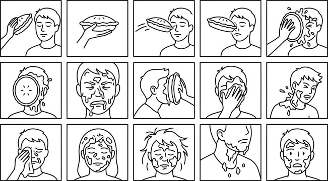 Detailed vector comic strip sequence of a person getting hit in the face with a pie in a slapstick comedy prank slapstick throwing sequence