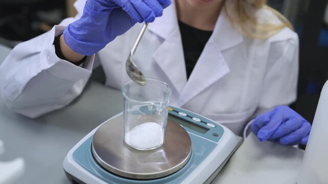 Laboratory technician adding precise measurements of chemical compounds using digital balance in research facility