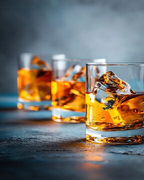 Close-up shot of whiskey glasses with ice on textured background