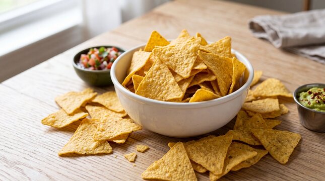 A large white bowl filled with crispy golden corn tortilla chips served with fresh salsa and dip