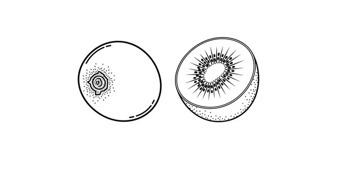 Black and white line art drawing showing a whole kiwi fruit and a half kiwi fruit with detailed seed and pulp textures.