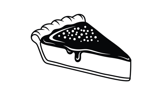 Simple black and white illustration of a slice of fruit pie with crumb topping and sauce dripping down the side.
