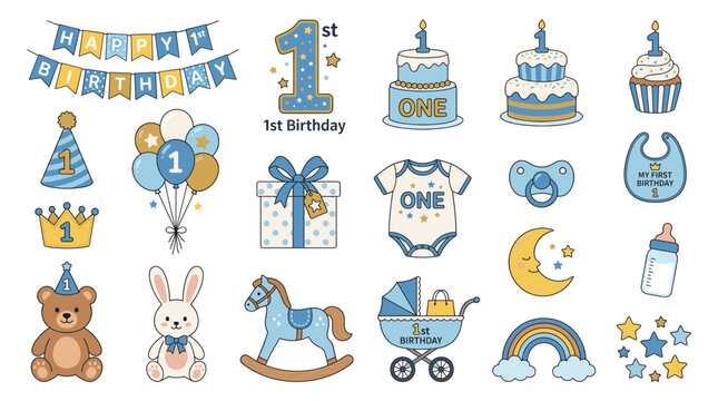 Happy first birthday baby vector collection with cake, balloons, gifts, rocking horse, stroller, teddy bear, rabbit, moon, rainbow and party decorations in cute style