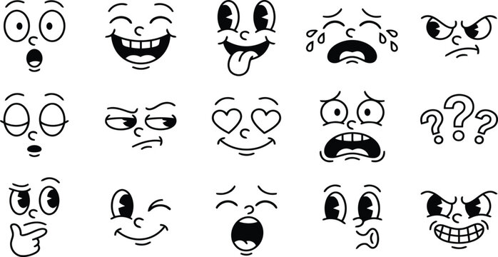 Collection of cartoon faces expressing various emotions with emotions range from joy and surprise to sadness anger thoughtfulness hand drawn
