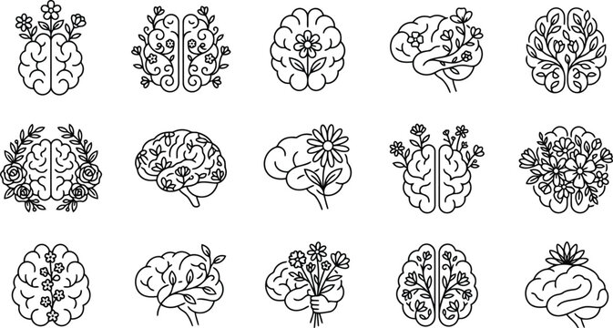 Line art illustrations of human brains with floral and leaf elements illustration collection creative intelligence learning knowledge abstract