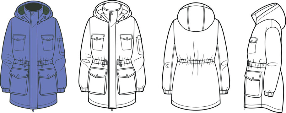 Women hooded parka jacket with multiple pockets, front back and side technical views, detailed fashion outerwear design &ndash; vector illustration