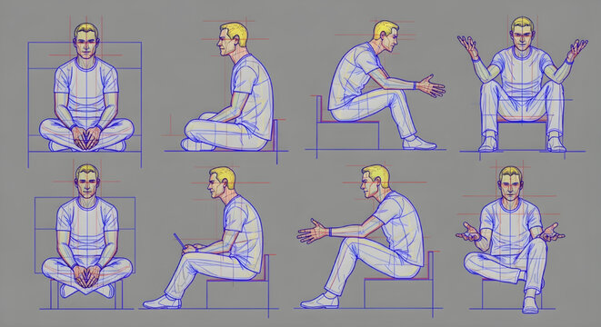 AutoCAD Architectural Sketch Thinking Man Blueprint Vector &ndash; Sitting Problem Solving Poses Multi View Colored CAD Illustration on Highlight Background