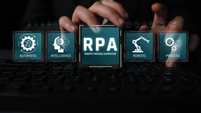 Hands on Keyboard with Robotic Process Automation Icons for Business Efficiency and Intelligent System Solutions in Digital Workplace Sigmoid