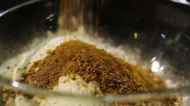 Dry spices poured into a transparent bowl with white flour for batter