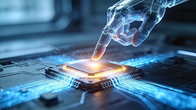 Transparent robotic hand reaching for glowing chip on circuit board