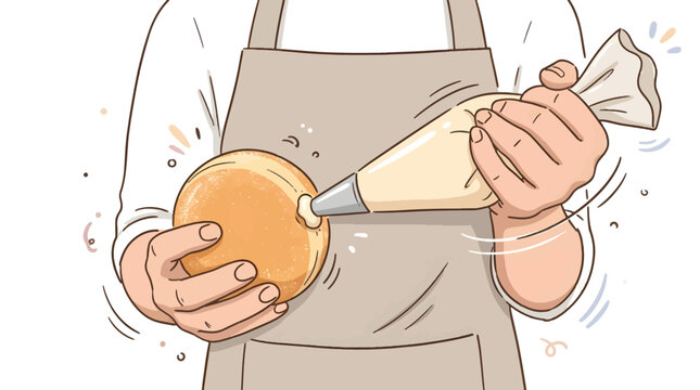 Hand Drawn Doodle Vector of Person Filling Bomboloni Donut with Piping Bag Pastry Making Process